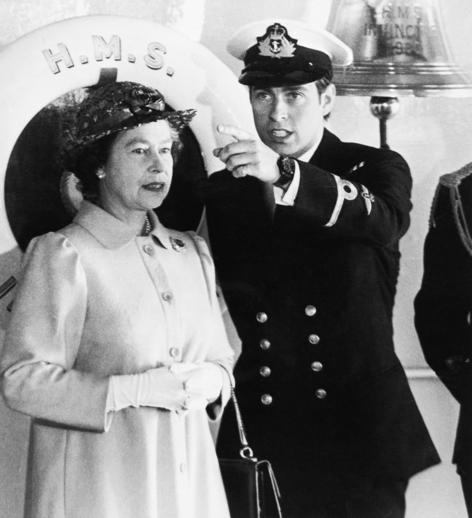 Queen Elizabeth II and Prince Andrew on the HMS Invincible in 1982 in Portsmouth, England