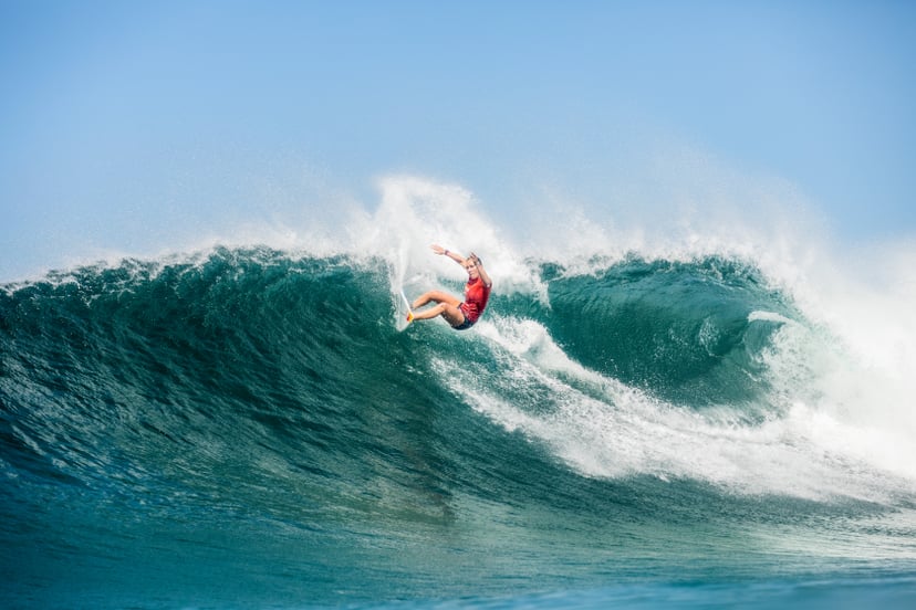 NEWCASTLE, AUS - APRIL 10: Four-time WSL Champion Carissa Moore of Hawaii surfing in Heat 3 of the Semifinals of the Rip Curl Newcastle Cup presented by Corona on April 10, 2021 in Newcastle, Australia. (Photo by Cait Miers/World Surf League via Getty Ima