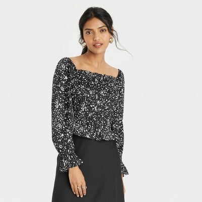 A New Day Women's Puff Long Sleeve Slim Fit Smocked Top