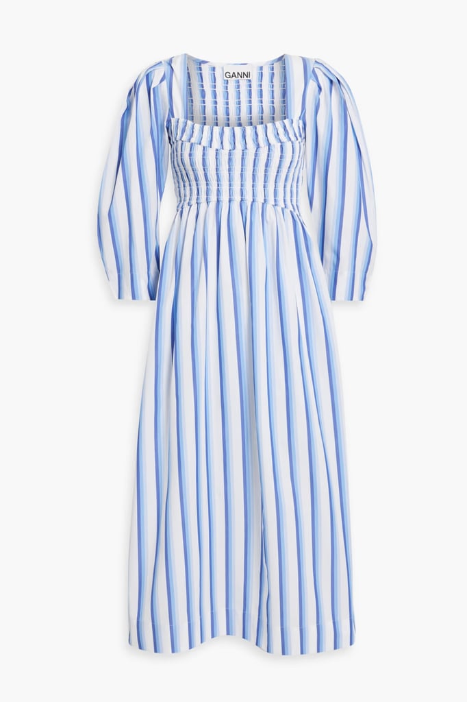 Ganni Shirred Striped Cotton-Poplin Midi Dress