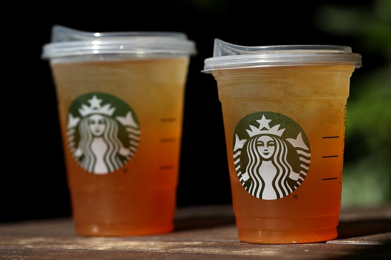 SAUSALITO, CA - JULY 09:  A new flat plastic lid that does not need a straw is shown on a cup of Starbucks iced tea on July 9, 2018 in Sausalito, California. Starbucks announced today that it plans on phasing out all plastic straws from its 28,000 stores 