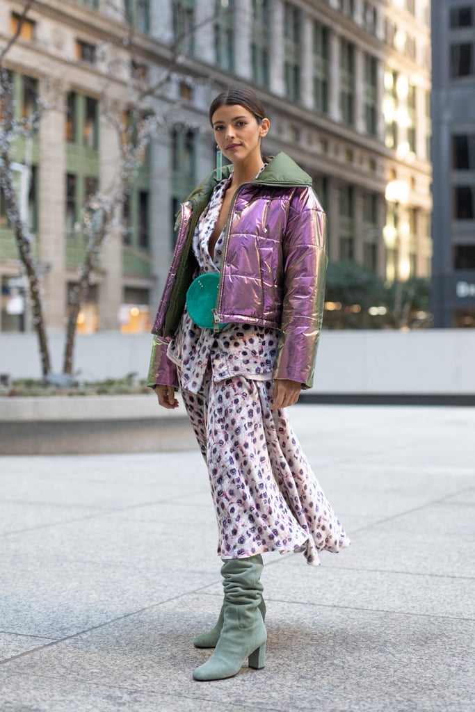 Winter Outfit Idea: A Metallic Puffer and Printed Dress