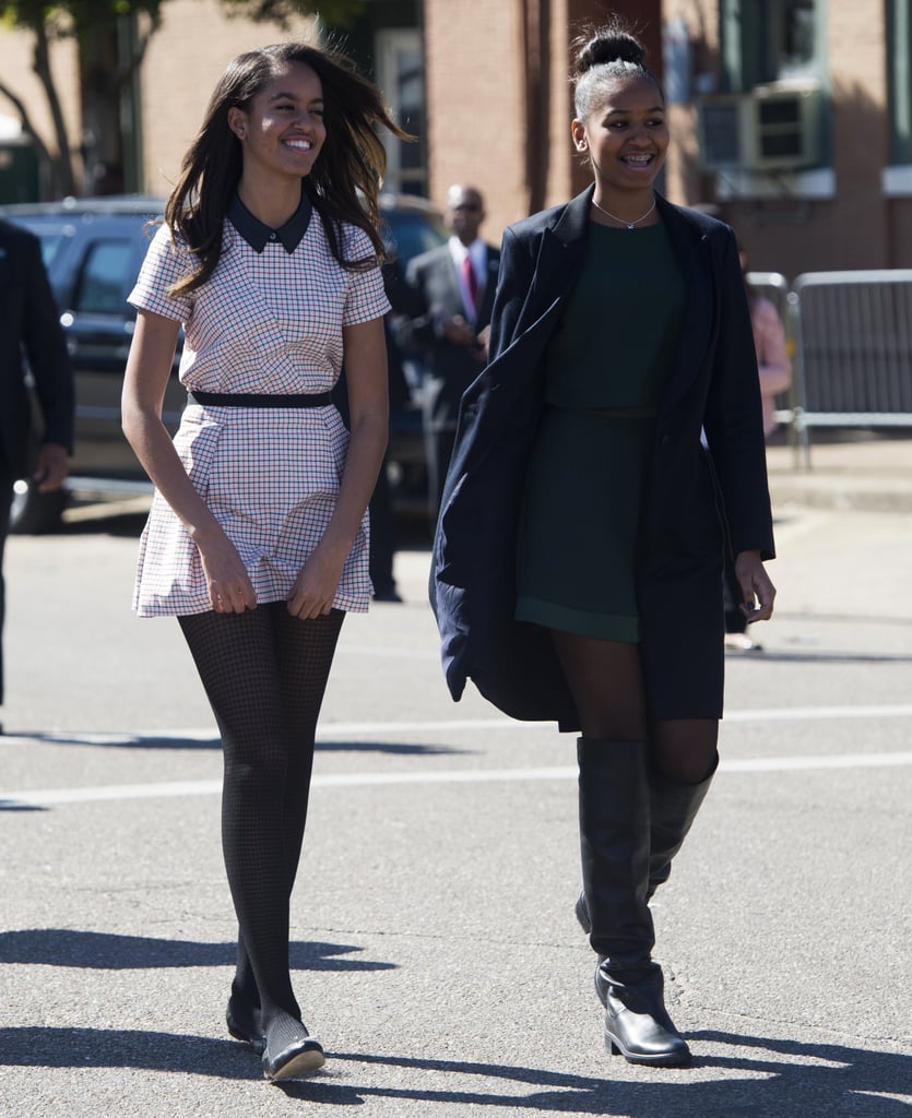 Wearing a plaid A-line dress with a contrast collar.