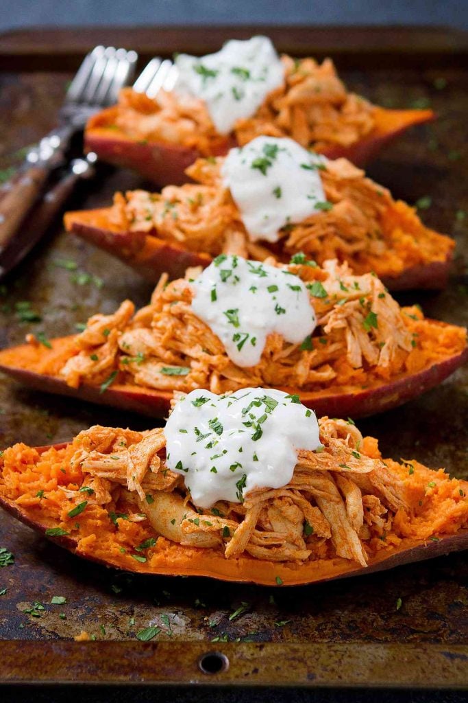 Buffalo Chicken Stuffed Sweet Potatoes