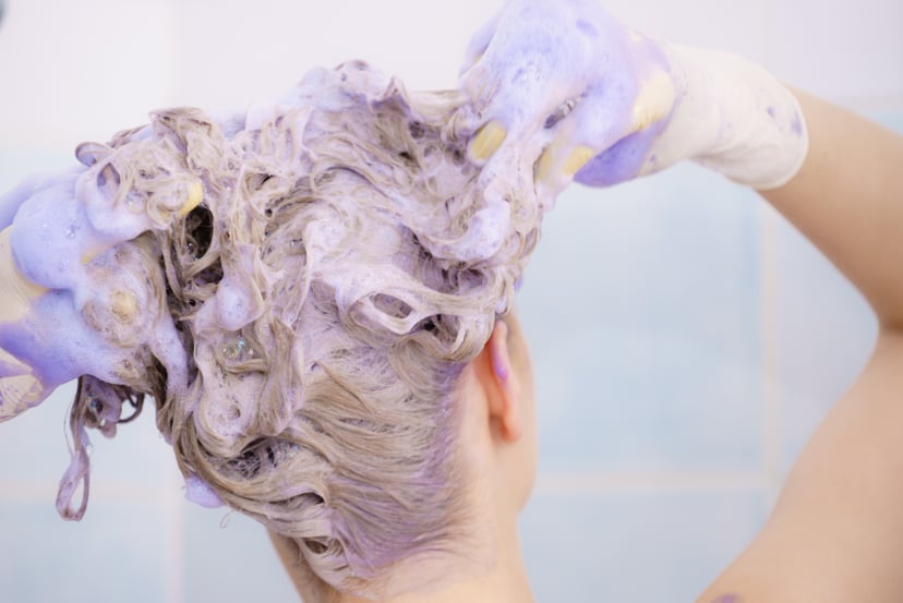 Woman applying coloring shampoo on her hair. Female having purple washing product. Toning blonde color at home.