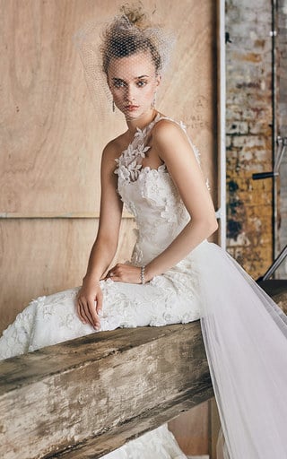 M'O Exclusive One Shoulder Embroidered Lace Gown