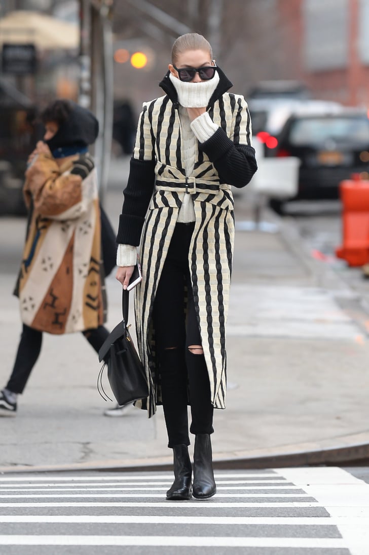 The Bag Blended Seamlessly With Her Striped Trench, Too | Gigi Hadid ...