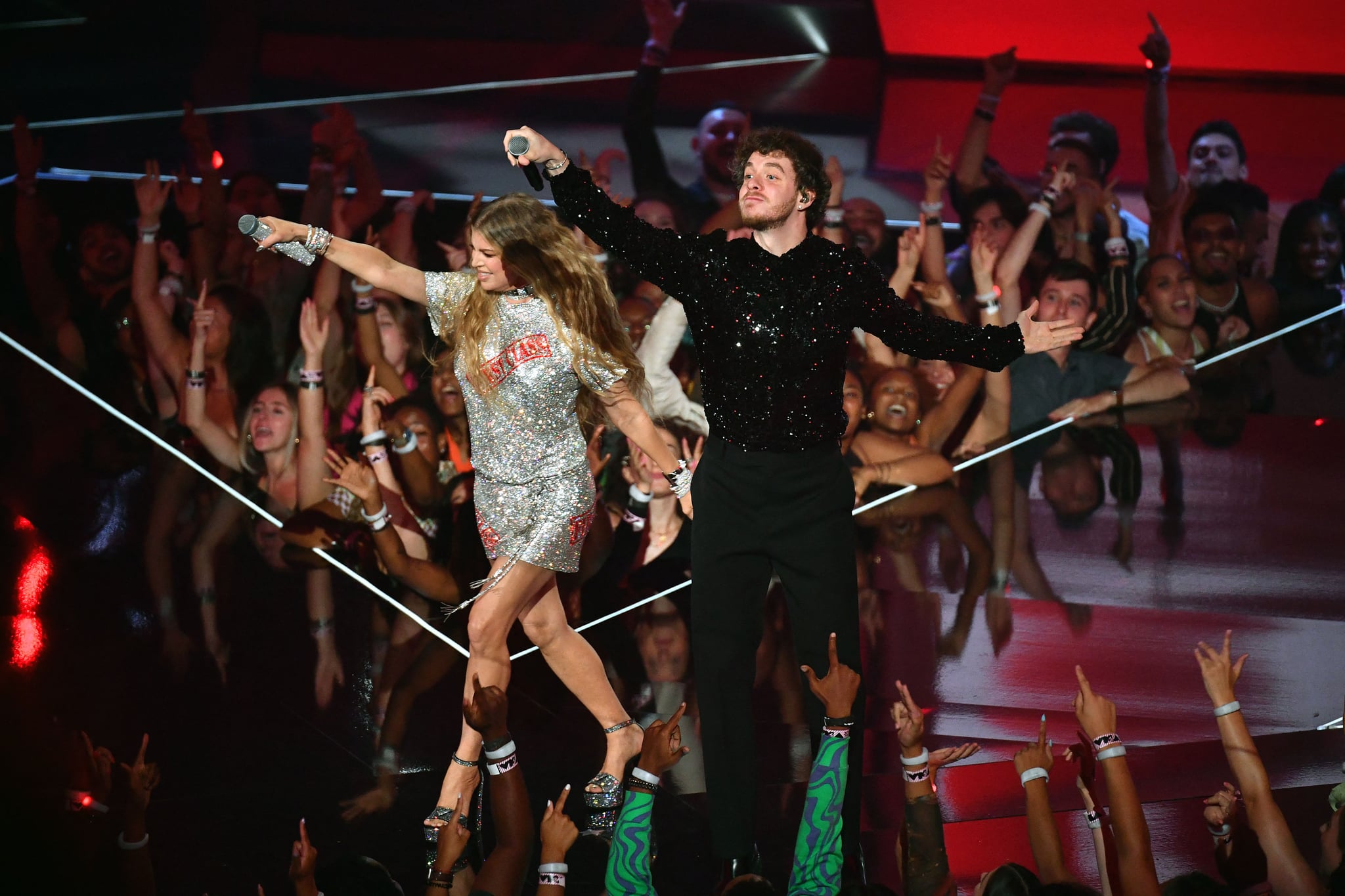 US singer Fergie (L) and US rapper Jack Harlow (R) perform onstage during the MTV Video Music Awards at the Prudential Centre in Newark, New Jersey on August 28, 2022. (Photo by ANGELA  WEISS / AFP) (Photo by ANGELA  WEISS/AFP via Getty Images)