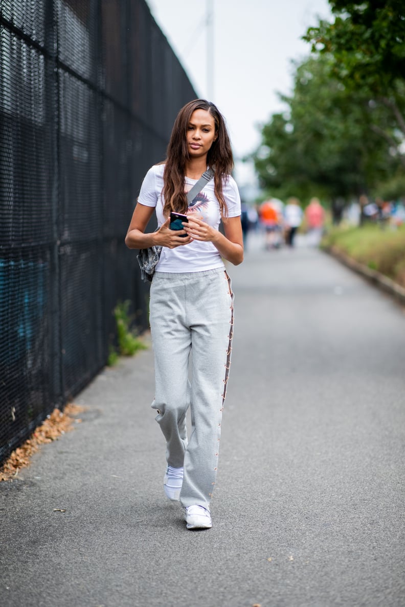 Joan Smalls Wore a White Printed Tee and Grey Sweats as She Left the Brandon Maxwell Show