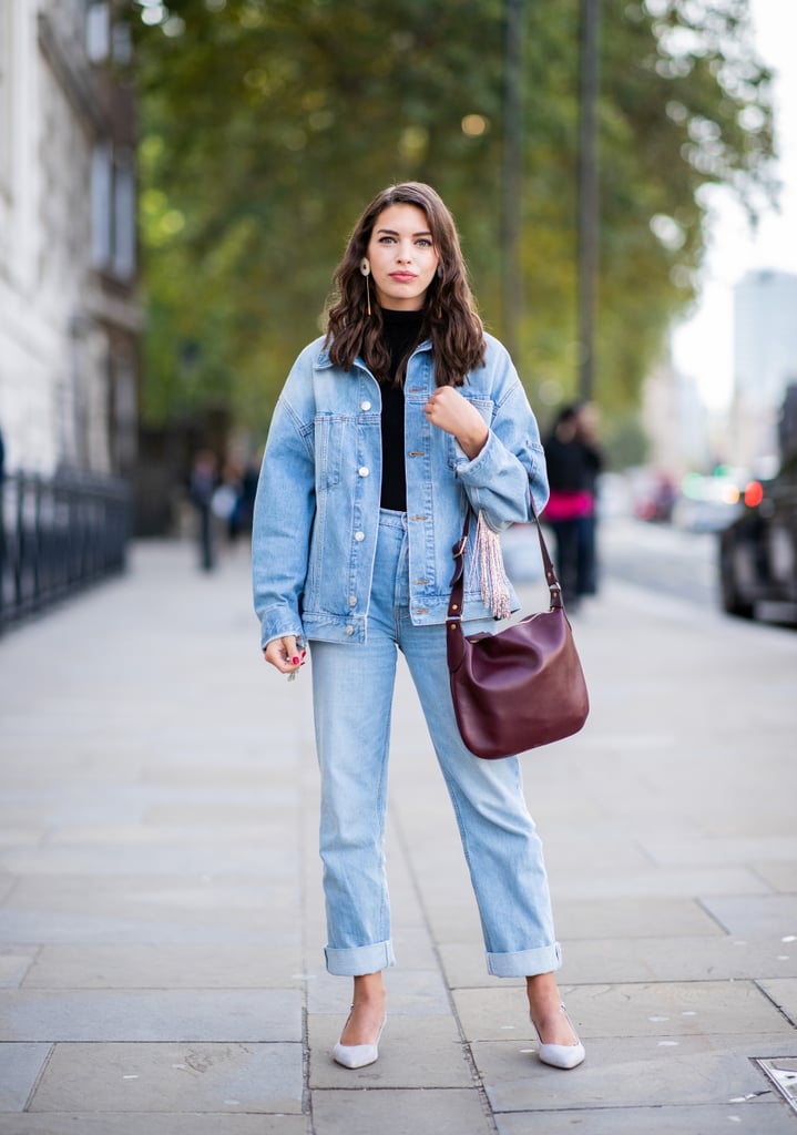 For an elegant spin, finish your double-denim look with sculptural earrings and sleek pumps.