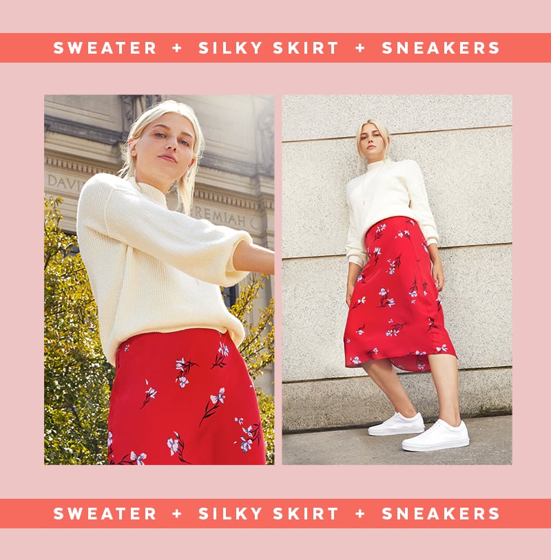 A slip skirt combined with a sweater and sneakers is THE outfit combination of the moment. It feels fresh and current and is insanely flattering on every body. While this formula is straightforward, there's so much room to put your own spin on it. 
We're currently loving a bold, printed midi skirt paired with a slightly cropped chunky knit in a soft, muted hue. Sporty sneakers add a street style vibe and ensure long-lasting comfort for whatever the day throws at you.