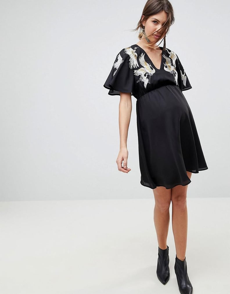 ASOS Maternity Bird Embroidered Flutter Sleeve Mini Dress