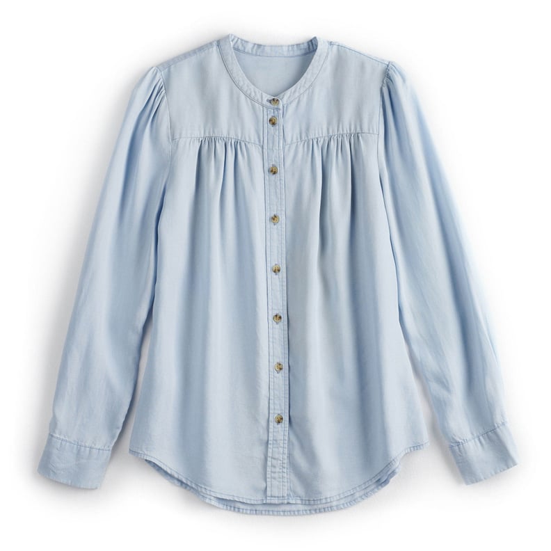 Silky Shirred Button Up in Light Blue Wash