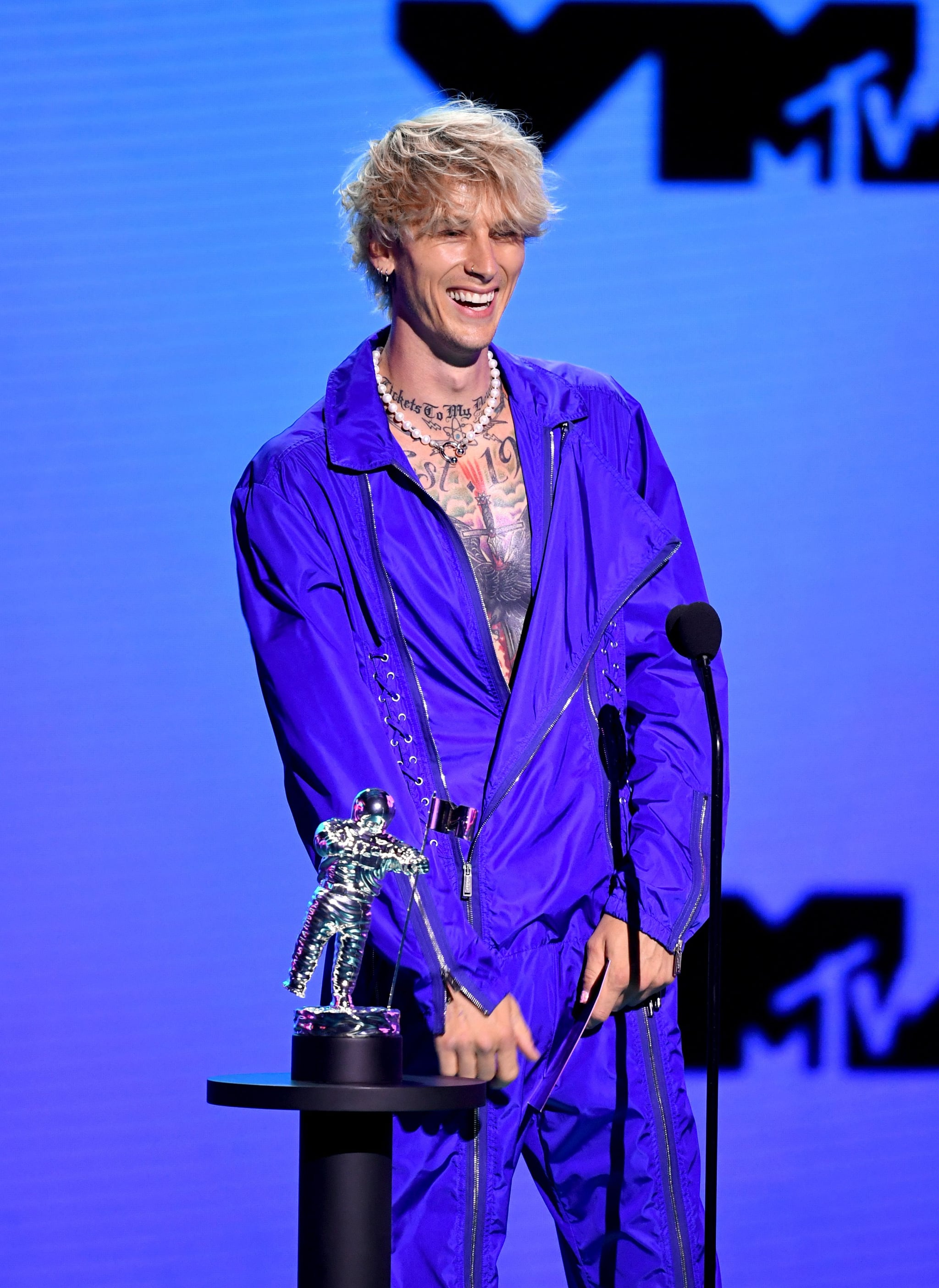 UNSPECIFIED - AUGUST 2020: Machine Gun Kelly speaks onstage during the 2020 MTV Video Music Awards, broadcast on Sunday, August 30th 2020. (Photo by Kevin Winter/MTV VMAs 2020/Getty Images for MTV)