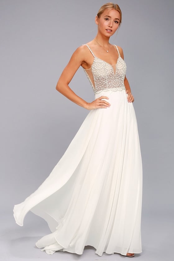 Lulus true love white beaded rhinestone maxi dress Clearance