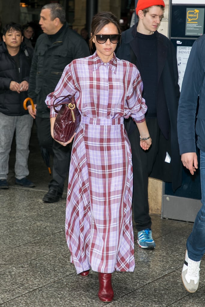 Victoria Beckham Wearing Purple Plaid Outfit With Red Boots | POPSUGAR ...