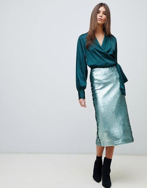 Mango Sequin Detail Midi Skirt in Turquoise | Yara Shahidi Blue Skirt ...