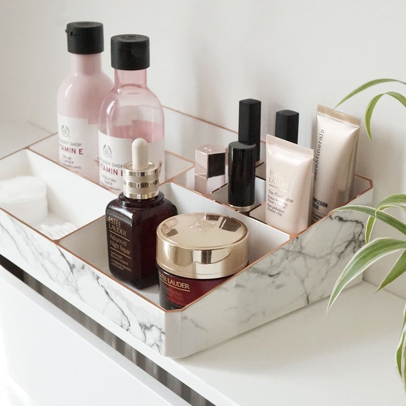 White and Rose Gold Marble Make Up Organiser