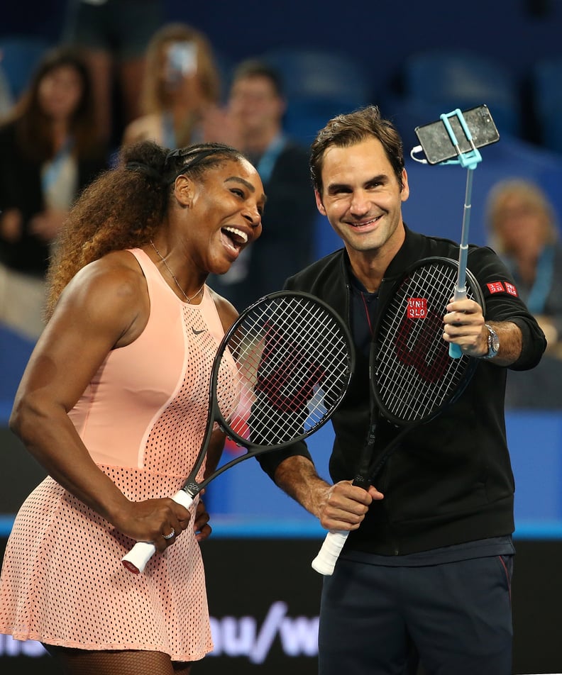 PERTH, AUSTRALIA - JANUARY 01: Serena Williams of the United States and Roger Federer of Switzerland take a selfie on court following their mixed doubles match during day four of the 2019 Hopman Cup at RAC Arena on January 01, 2019 in Perth, Australia. (P