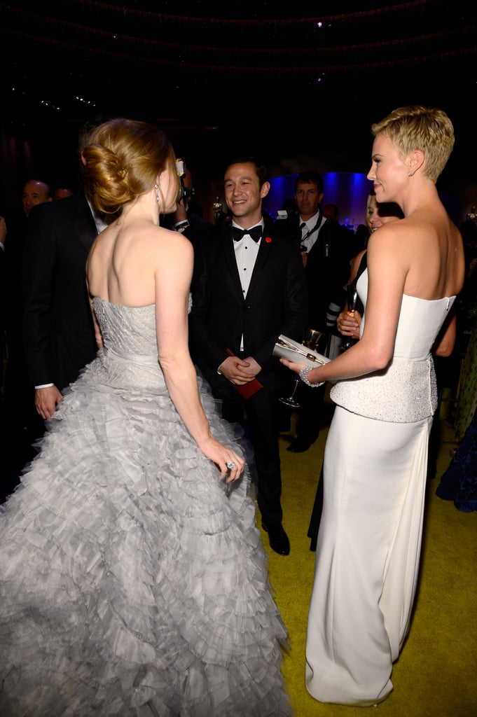 Charlize Theron and Amy Adams talked to Joseph Gordon-Levitt at the Governors Ball.
Charlize Theron and Amy Adams talked to Joseph Gordon-Levitt at the Governors Ball.
