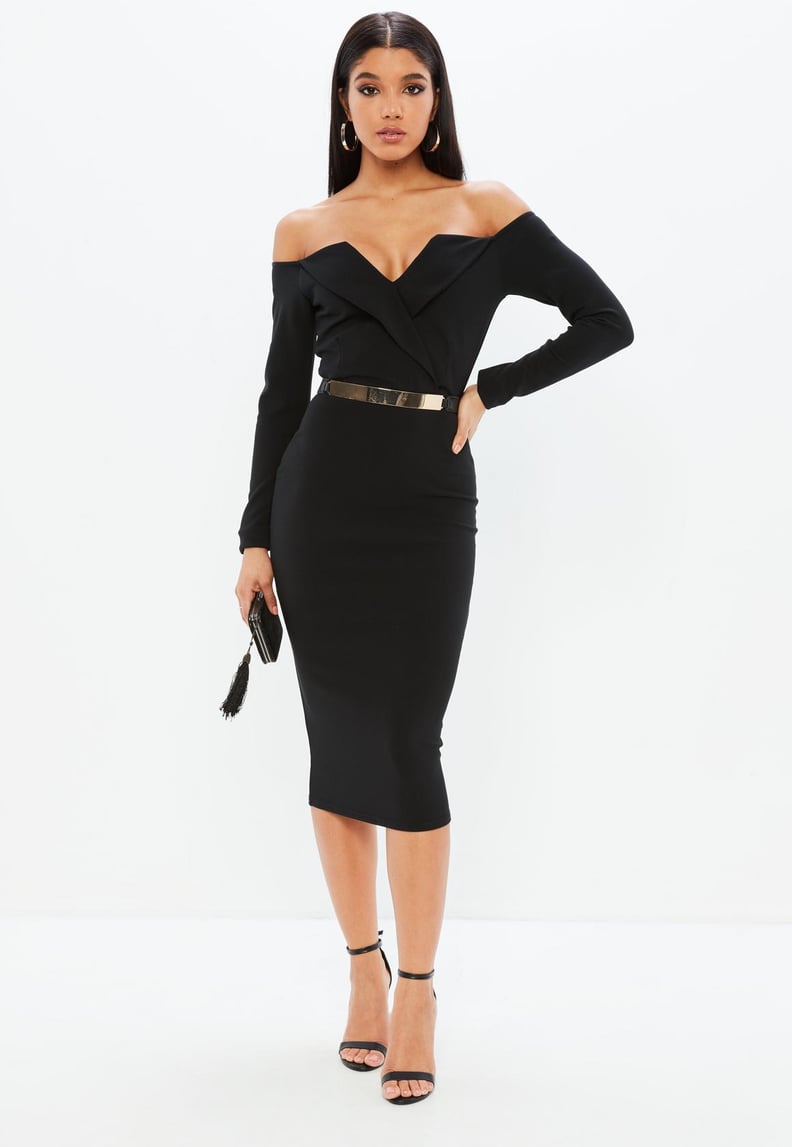 Missguided Black Bardot Foldover Wrap Midi Dress