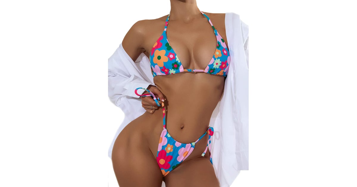 Romwe Women's Allover Floral Print Triangle Bikini Top String Halter Swimsuit Top