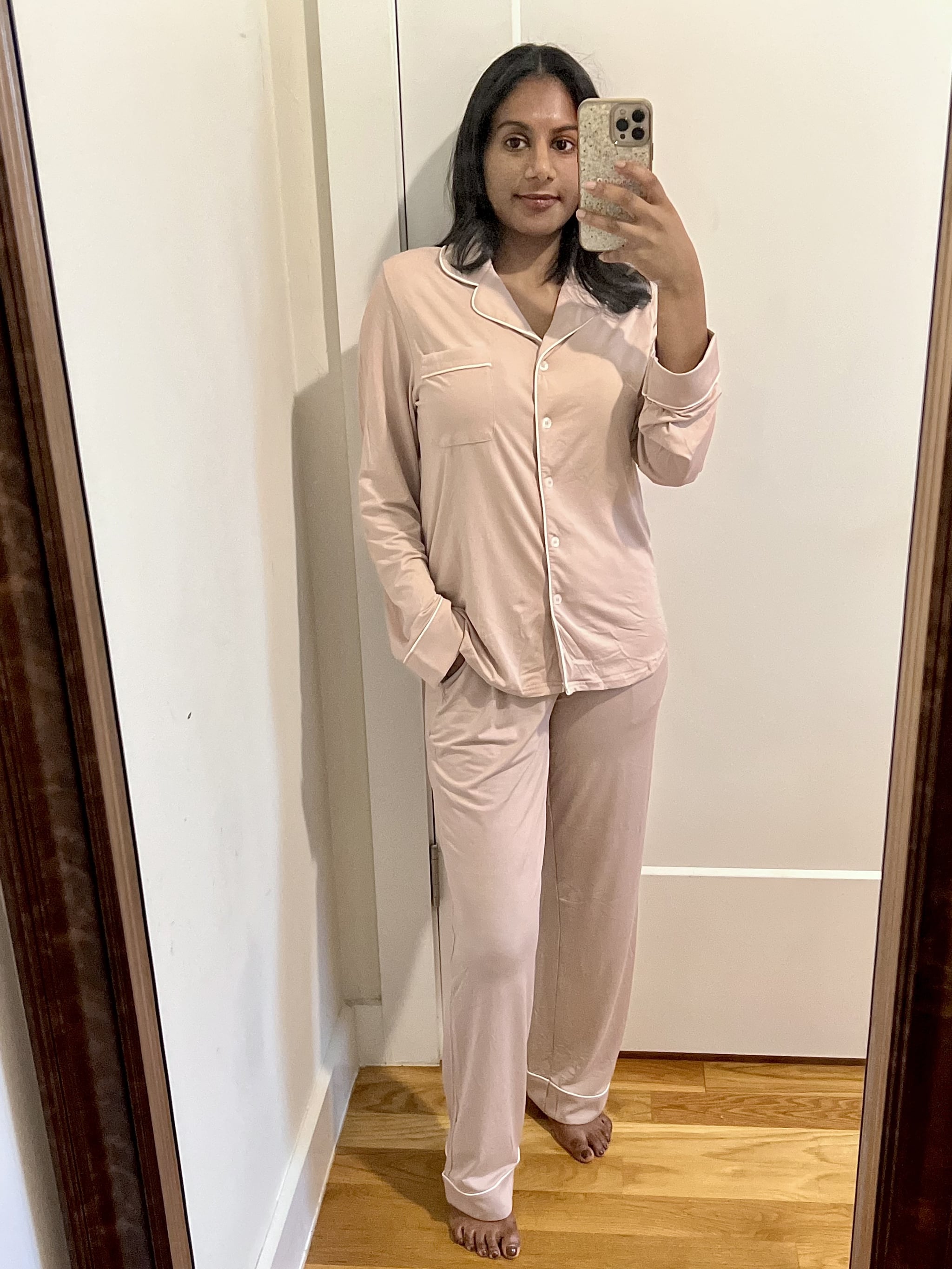 Woman wearing the Cozy Earth Bamboo Pajama Set.