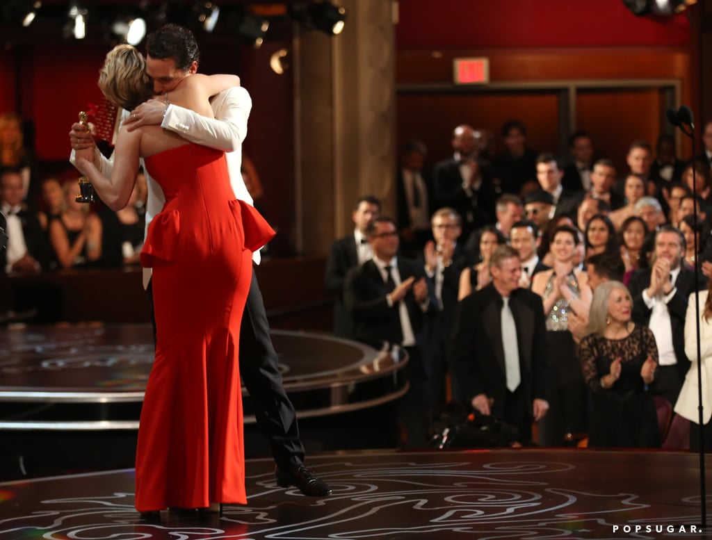 Matthew McConaughey got a huge hug from Jennifer Lawrence after she presented him with the statue for best actor.