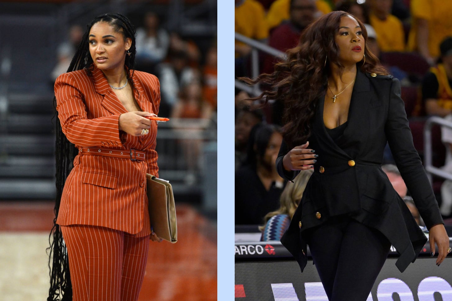 Women college basketball coach fashion.