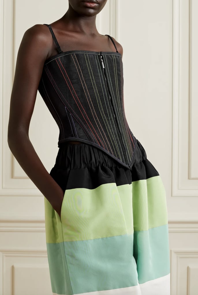 Rainbow Stitching: Christopher John Rogers Black Embroidered Moire Bustier Top