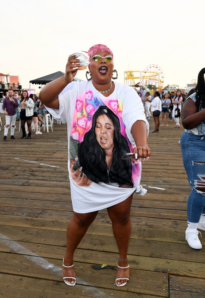 Lizzo Wearing a T-Shirt Dress With Her Face On It