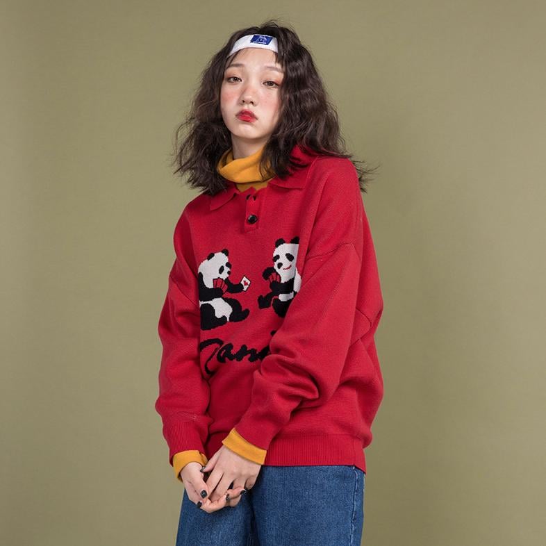 Kina and Tam The Panda Playing Cards Sweater