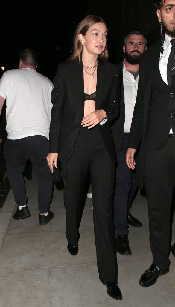 Gigi Hadid Wearing a Black Suit and Bra in London