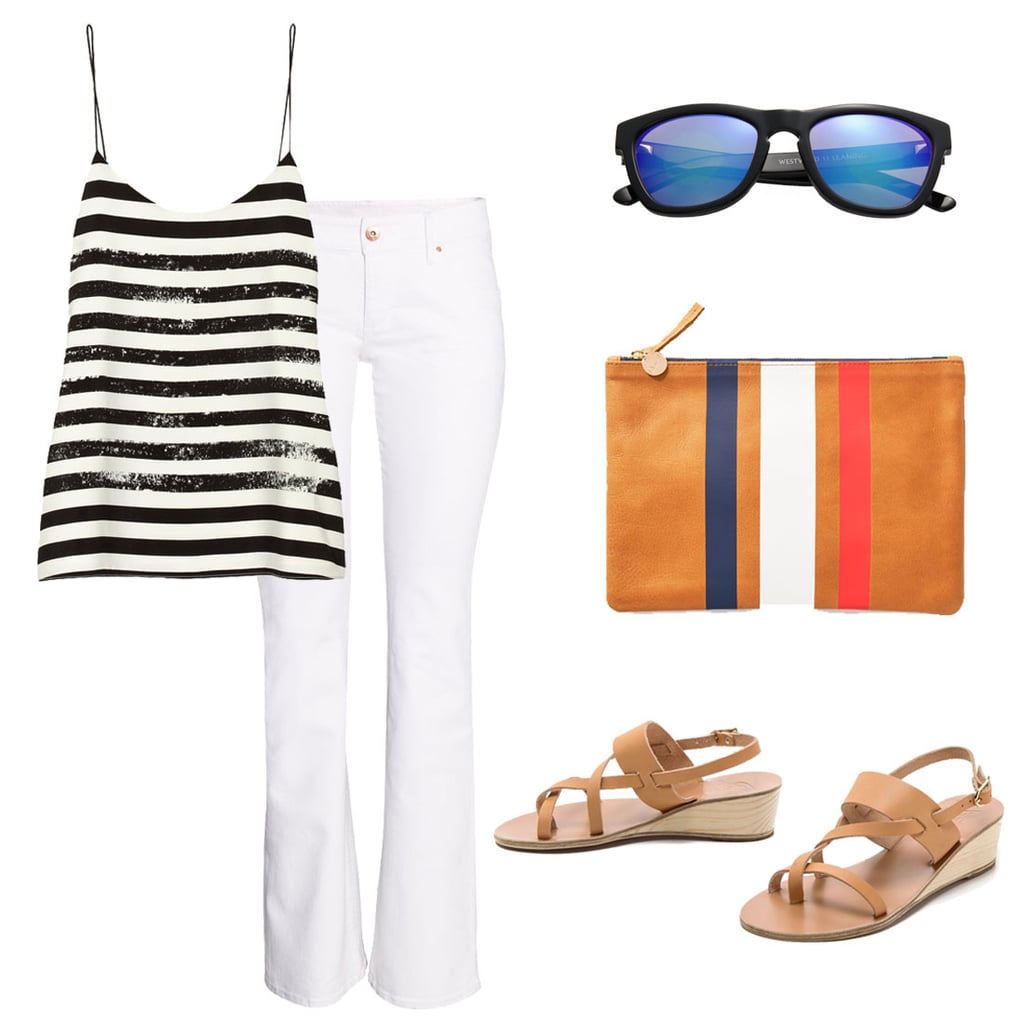 For dinner or drinks, slip into a sophisticated Summer look. Dress up white jeans with silky stripes, then arm yourself with cool-girl shades and a chic clutch.
Shop the look:

Tibi Striped Crepe de Chine Camisole ($200)
H&M Boot Cut Jeans ($40)
Westward Leaning Mercury Seven Square Acetate Sunglasses ($180)
Clare Vivier Zip Clutch ($195)
Ancient Greek Althea Wedge Sandals ($285)