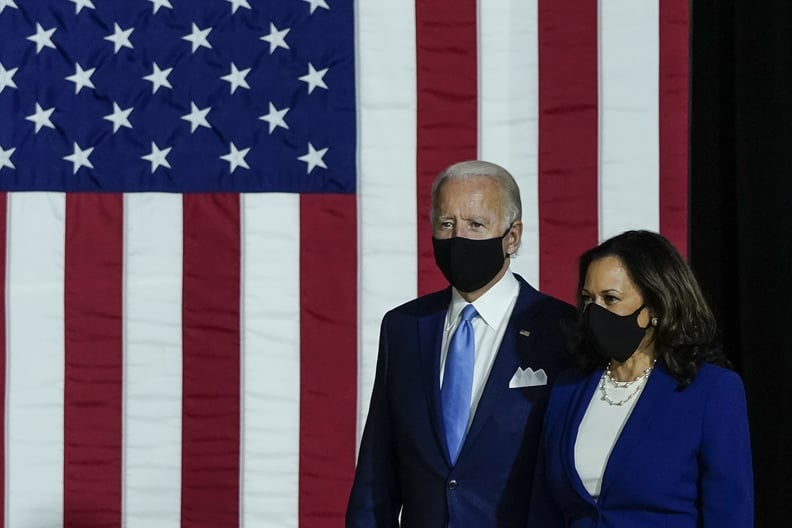 WILMINGTON, DE - AUGUST 12: Presumptive Democratic presidential nominee former Vice President Joe Biden and his running mate Sen. Kamala Harris (D-CA) arrive to deliver remarks at the Alexis Dupont High School on August 12, 2020 in Wilmington, Delaware. H