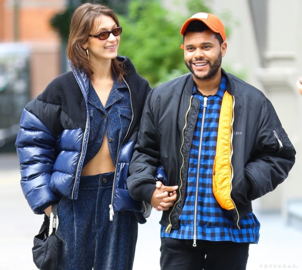 Bella Hadid Blue Suit and Puffer Jacket With The Weeknd 2018