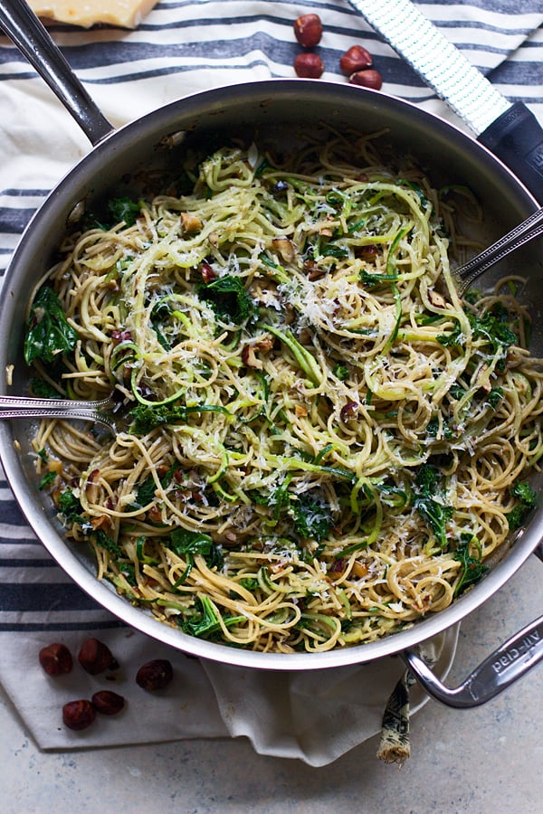 Whole-Wheat and Zucchini Spaghetti With Brown Butter, Hazelnuts, and Kale