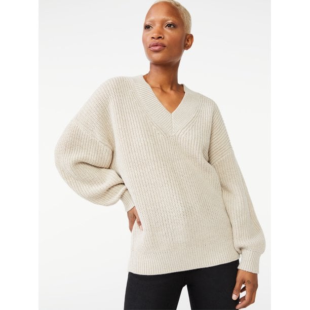 Free Assembly Women's Wide V-Neck Sweater With Long Sleeves