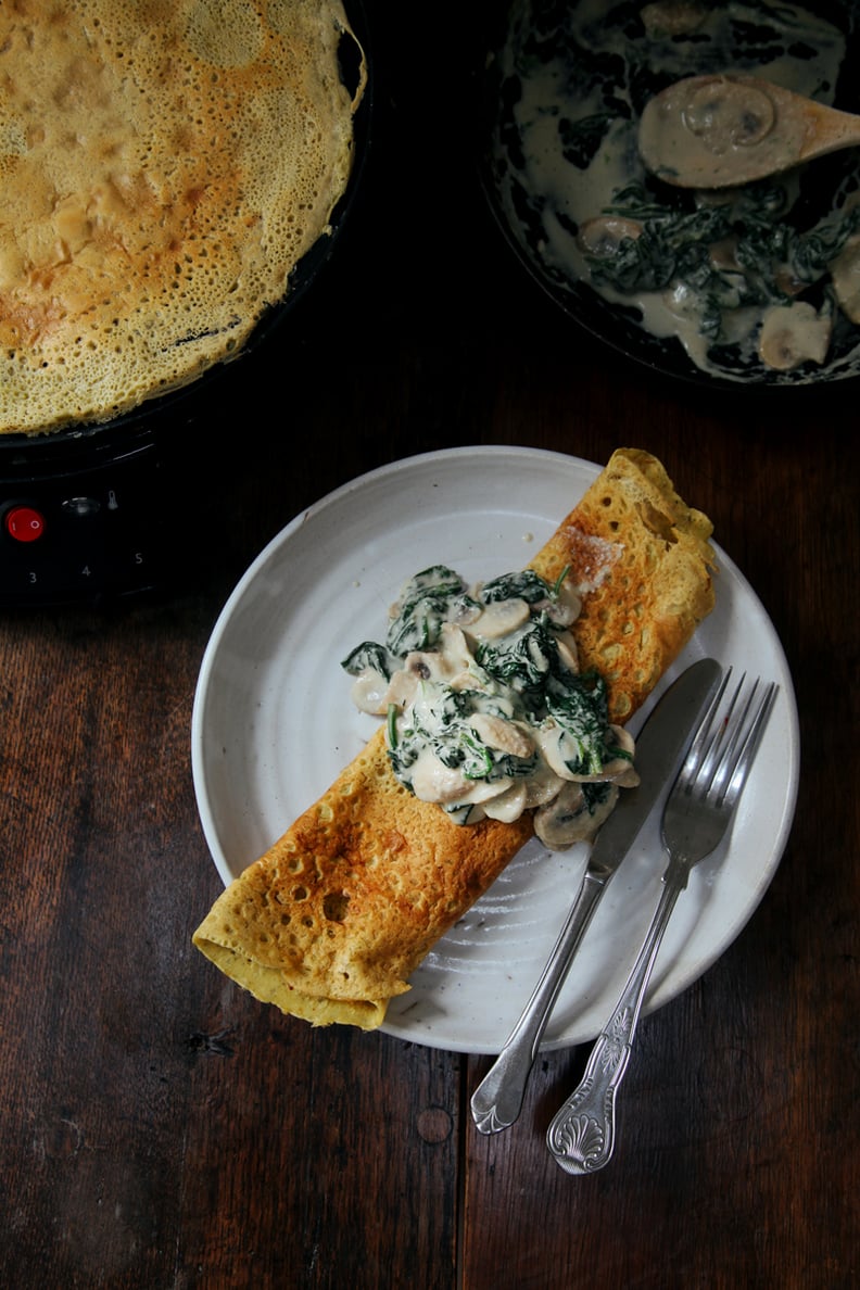 Chickpea Crepes With Creamy Mushrooms and Spinach