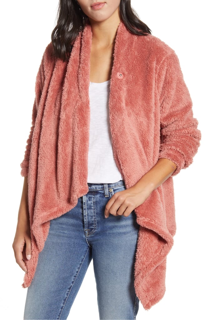 Bobeau Drape Front Fleece Cardigan