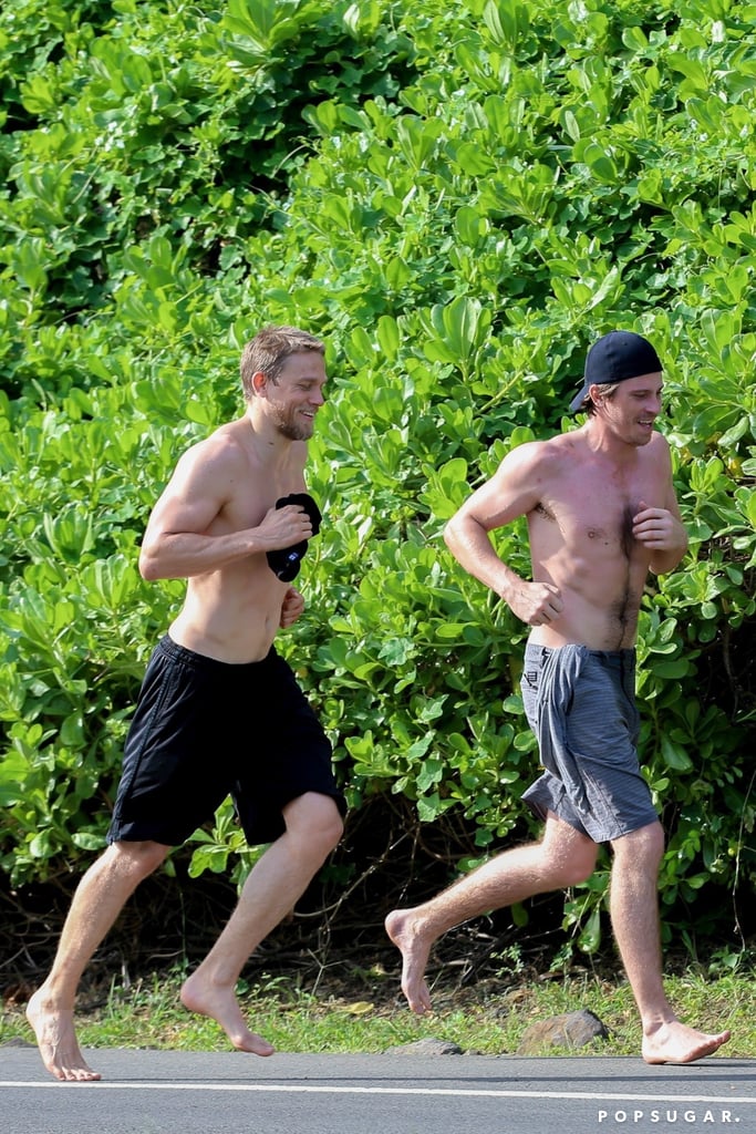 Shirtless Charlie Hunnam and Garrett Hedlund in Hawaii 2018