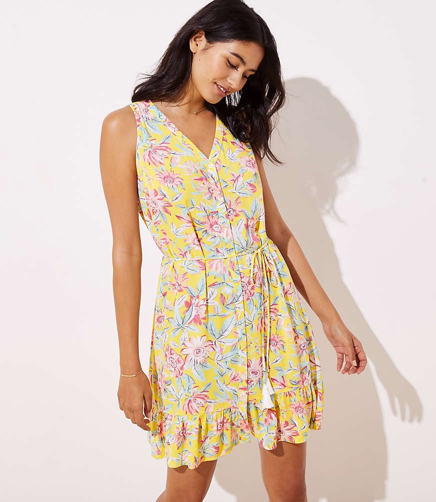 Loft Beach Floral Tasseled Tie Waist Dress