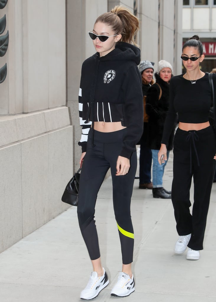 She styled her sporty leggings with a pair of cat-eye sunglasses.