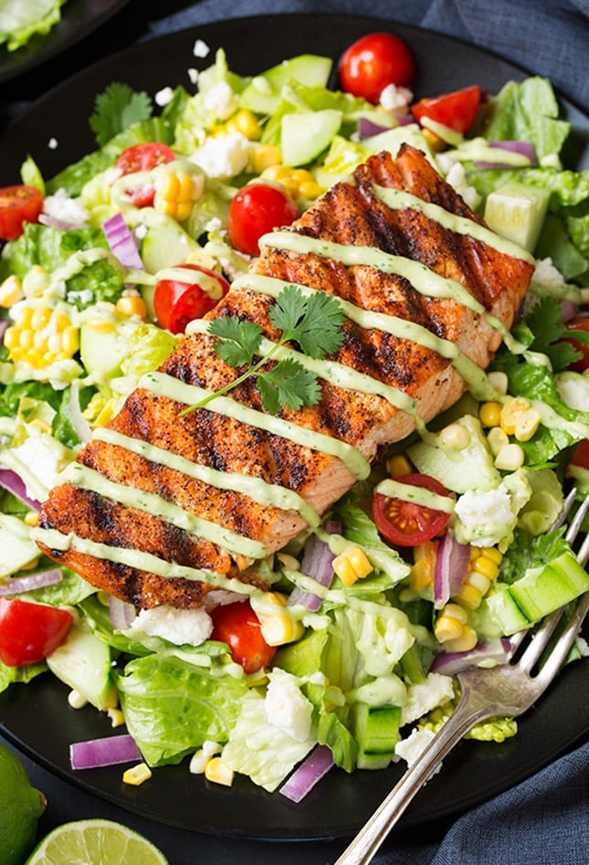 Mexican Grilled Salmon Salad With Avocado Greek Yogurt Ranch Dressing