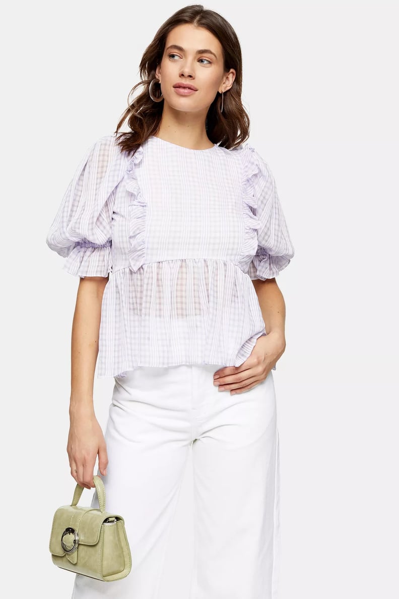 Topshop Lilac Gingham Puff Sleeve Blouse