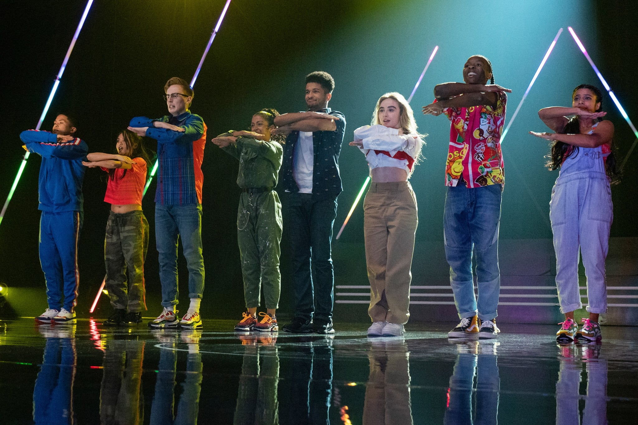 WORK IT, from left: Neil Robles, Bianca Asilo, Tyler Hutchings, Liza Koshy, Jordan Fisher, Sabrina Carpenter, Nathaniel Scarlettte, Teya Wild, 2020. ph: Brendan Adam-Zwelling /  Netflix / Courtesy Everett Collection