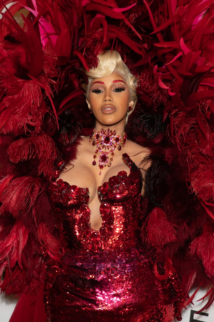 See Cardi B's Red Feathered Dress at Paris Fashion Week 2021