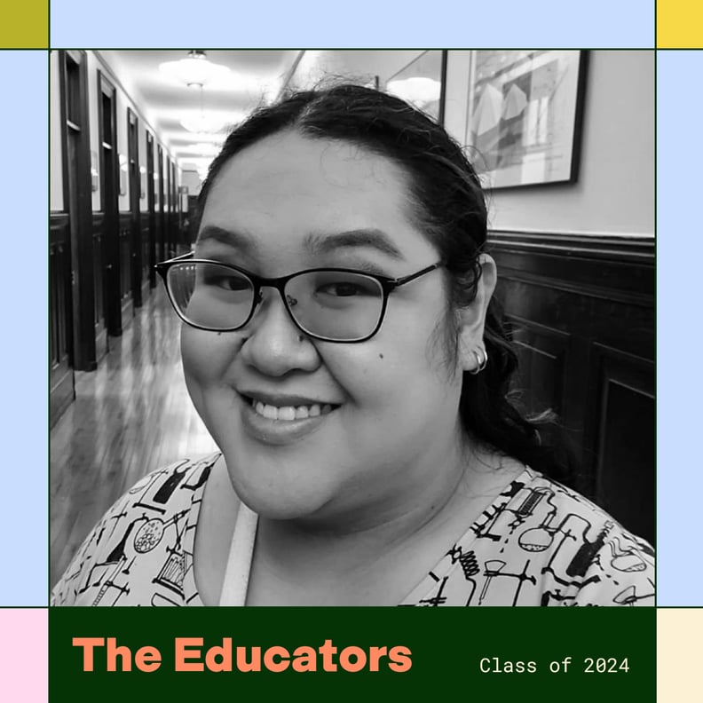 Viola Liu Johnson is pictured smiling next to a colorful border and text that reads The Educators Class of 2024