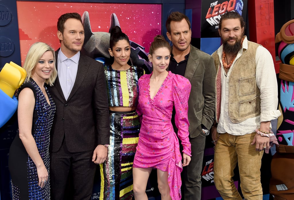 Pictured: Elizabeth Banks, Chris Pratt, Stephanie Beatriz, Alison Brie, Will Arnett, and Jason Momoa