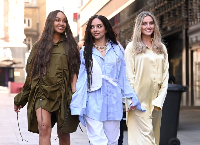 LONDON, ENGLAND - APRIL 30: Leigh-Anne Pinnock, Jade Thirlwall and Perrie Edwards of Little Mix arrive at Global radio studios on April 30, 2021 in London, England. (Photo by Karwai Tang/WireImage)